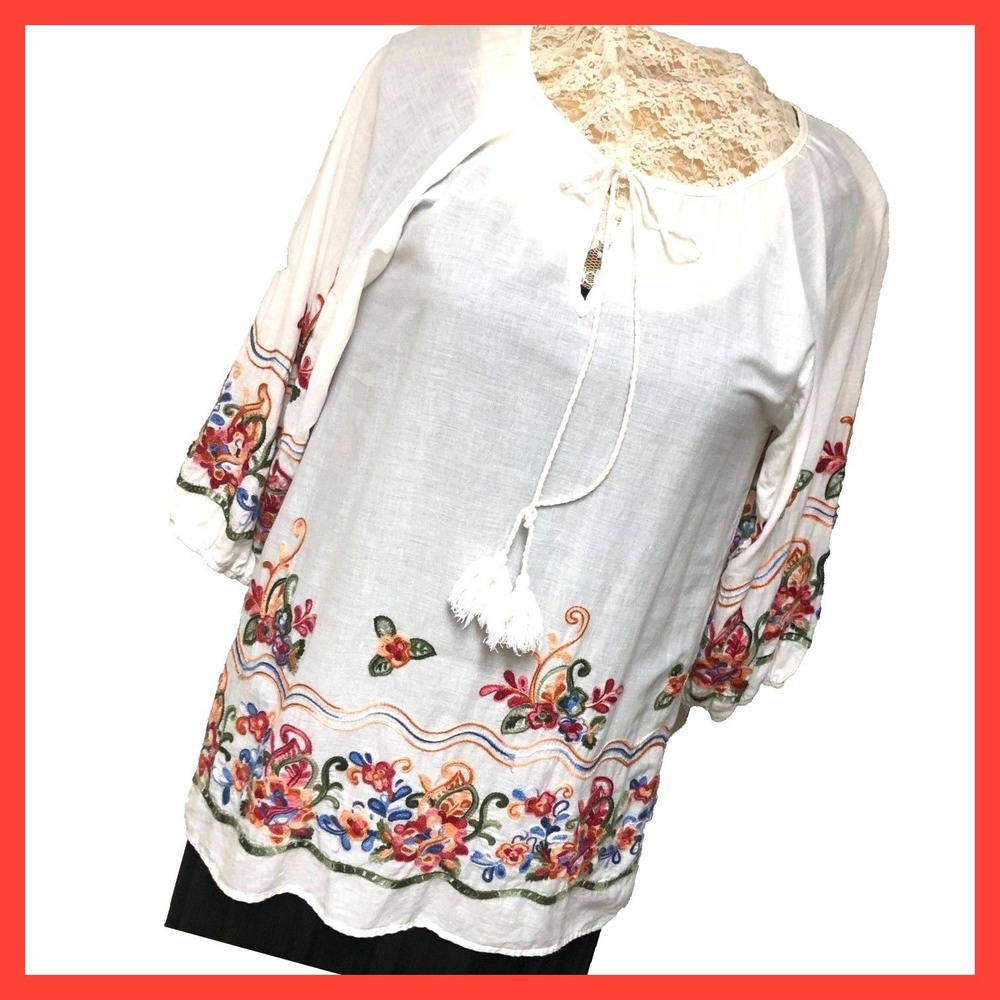 Gauze Tunic Top Tassel Scallop Embroider Floral Fairy Cottagecore BOHO Womens L